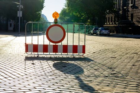 Sofia, Bulgaria - July 30, 2017: Barrier across empty urban paved road closed to all traffic due to repair work on Dondukov Boulevardのeditorial素材