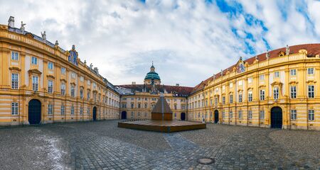 Melk, Austria - December 30, 2017: Scenic view of the courtyard of Melk Abbey in the winter with small patches of snow on the roof, Austrian Benedictine cloisterのeditorial素材