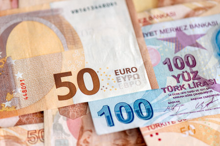 Turkish and European currency - close-up of mixed Lira and Euro banknotesの写真素材