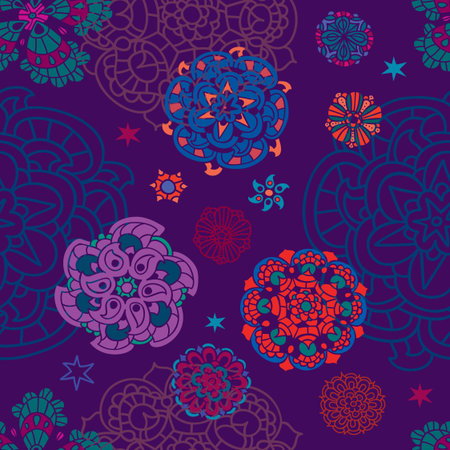 Floral pattern, contour and colorful flowers on the background