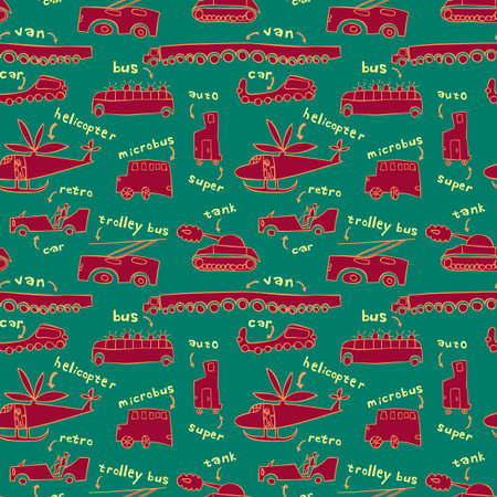 Seamless pattern with different modes of transport in a children's style.のイラスト素材