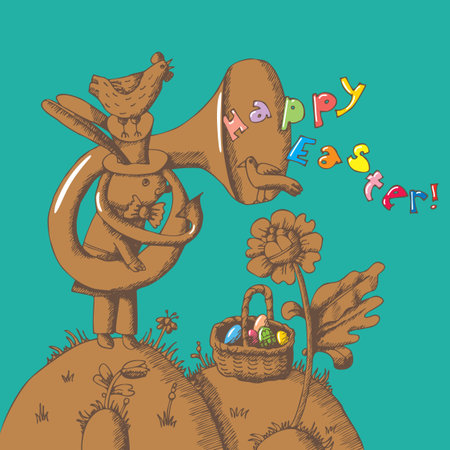 Greeting Cards Easter  Illustration of a hare, which plays the trumpet and a basket of Easter eggs 