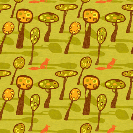 Seamless pattern with stylized trees and animals