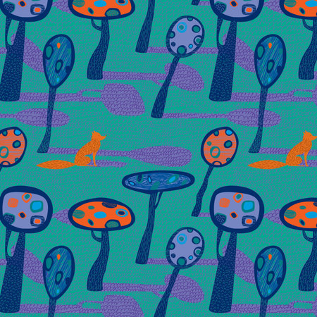 Seamless pattern with stylized trees and animalsのイラスト素材