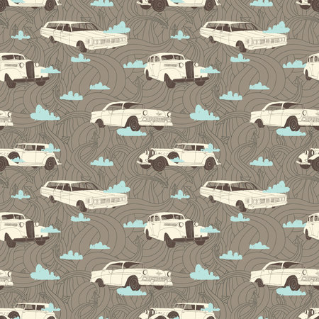 Seamless pattern with vintage cars on tne background or sky, clouds and arrows. Vector illustration.のイラスト素材