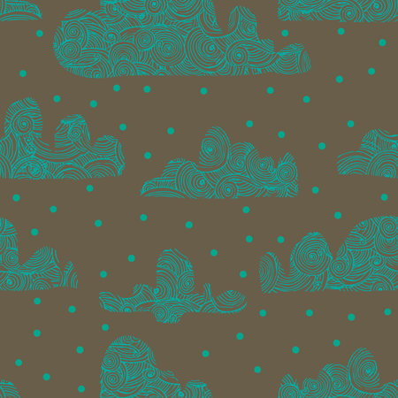 Seamless pattern with decorative clouds and snow on a dark background.