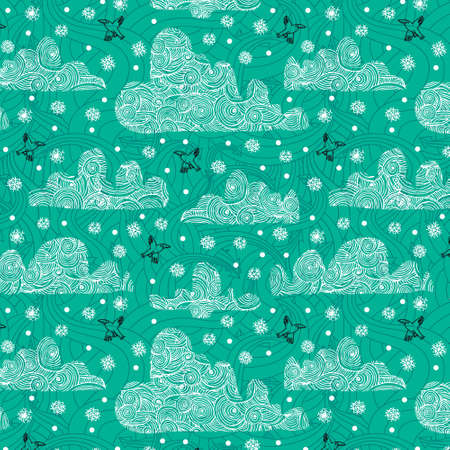 Seamless pattern with decorative clouds, birds and snowflakes on a background of arrows.のイラスト素材