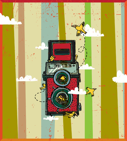 Vector illustration of an old camera with two lenses on the background of cloudsのイラスト素材