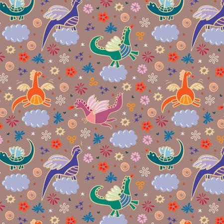 Little dragons in the clouds on the background with different decorative elementsのイラスト素材