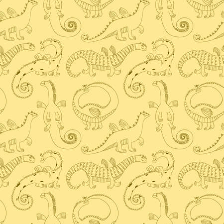 Little dragons in the clouds on the background with different decorative elementsのイラスト素材