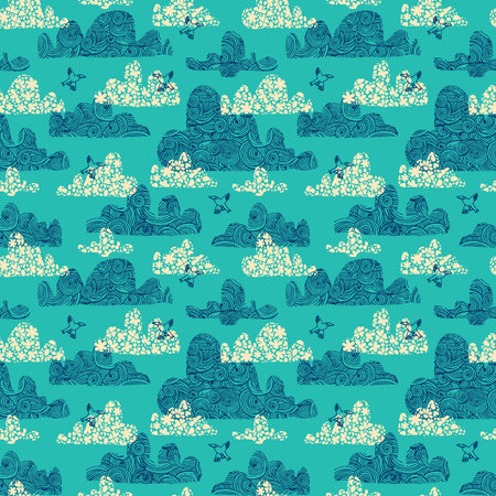 Seamless pattern with decorative clouds and birds on a background. Vector illustration.