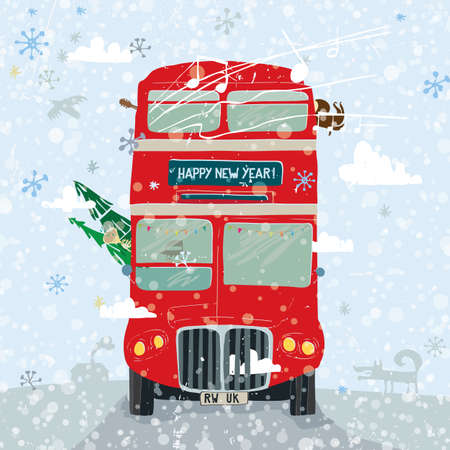 Christmas greetings card with fir tree and a double-decker bus on background of sky and clouds. Vector illustration.のイラスト素材