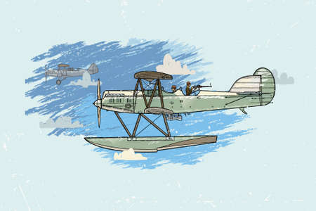 Vector illustration of an old airplane on a background of sky and clouds.のイラスト素材