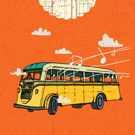 Vector illustration with vintage bus on the background clouds and texture.のイラスト素材