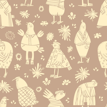 Seamless pattern with cartoon birds and flowersのイラスト素材