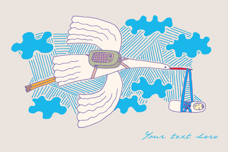 Vector illustration, greeting card with flying stork carrying a baby in its beak. Vector illustrationのイラスト素材