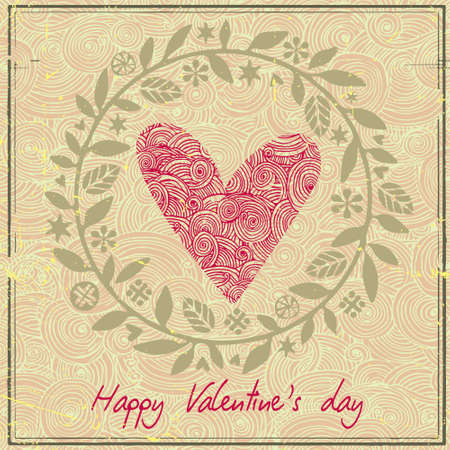 Greeting Card Valentines Day with big heart on the background hearts and floral elements. Vector illustration.のイラスト素材