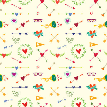 Seamless pattern with big bird, hearts, arrows and other holidays elementsのイラスト素材