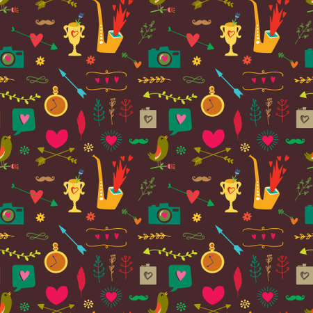 Seamless pattern with big bird, hearts, arrows and other holidays elements. のイラスト素材