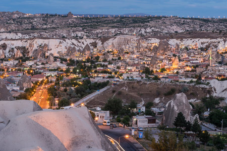 Early morning Long exposure of fairy chimneys town of Goreme - Cappadocia Turkey.のeditorial素材