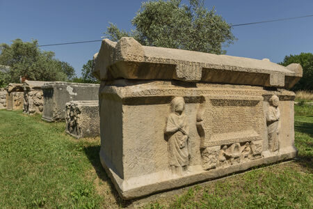 Famous ruin landmark in the Aphrodisias amphitheater in Turkey. Green spring landscape.の写真素材