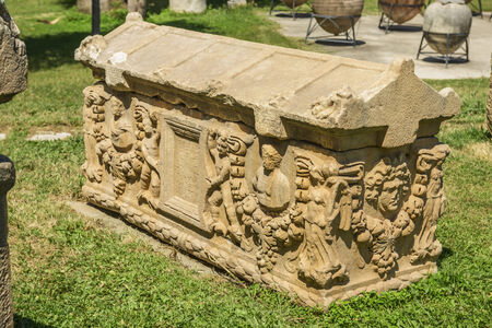 Famous ruin landmark in the Aphrodisias amphitheater in Turkey. Green spring landscape.の写真素材