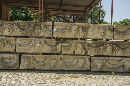 Famous ruin landmark in the Aphrodisias amphitheater in Turkey. Green spring landscape.の写真素材