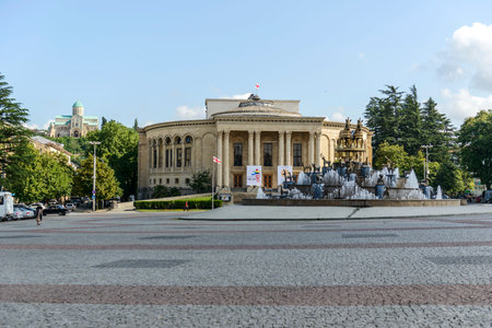 Kutaisi, Georgia - May 5, 2013: Detail from the central square in Kutiasi. People are looking at...