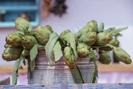 Background of fresh artichokesの写真素材