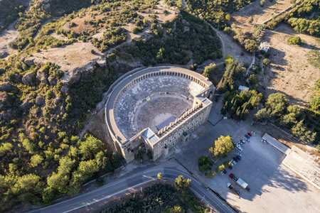 Aerial view of the ancient Aspendos amphitheater in Antalya