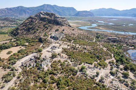 Rock-cut temple tombs in Kaunos Dalyan - Turkey (Turkish name; rock tombs) Ancient city of Kaunos, Dalyan valley, Turkey. Kaunos (Latin: Caunus) was a city of ancient Caria and in Anatoliaの写真素材