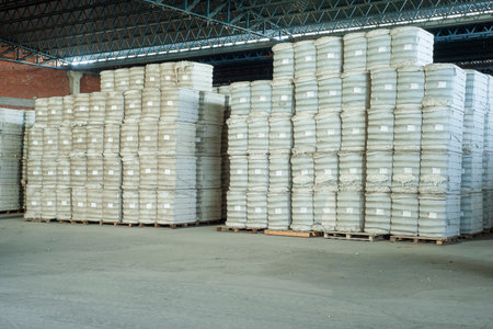 Warehouse with pallets and containers for storing bulk cargo in warehouseの写真素材
