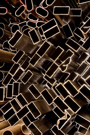 Metal profile channel in packs at the warehouse of metal products, Russia