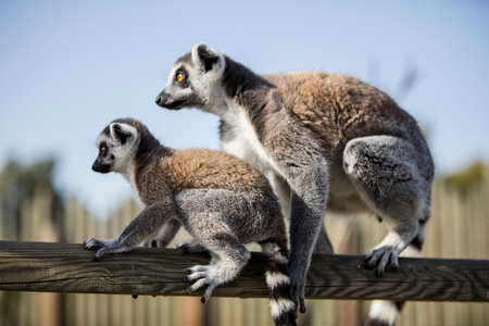 Ring-tailed lemur (Lemur catta) with two babiesの写真素材