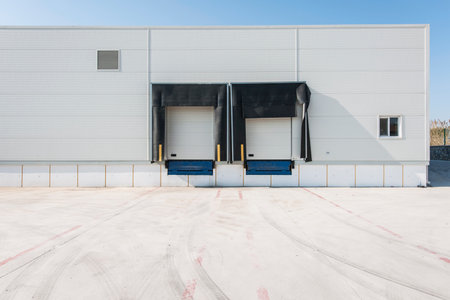 Industrial warehouse with open door and white walls. Industrial background.の写真素材