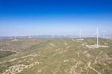 Windmills for electric power production, Zaragoza Province, Aragon, Spain.