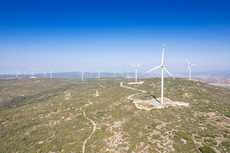 Wind turbines for electric power production, Zaragoza province, Aragon, Spain.の写真素材
