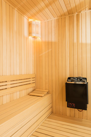 Interior of a wooden sauna in a finnish spa resortの写真素材