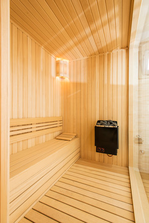 Interior of a wooden sauna in a spa resort. nobody insideの写真素材