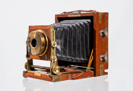 Vintage photo camera on a white background, close-up.の写真素材
