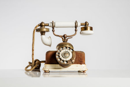 Vintage telephone isolated on a white background with clipping path and copy spaceの写真素材