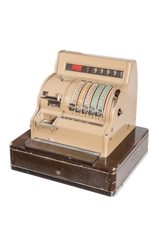 Old cash register isolated on white background with clipping path, retro styleの写真素材