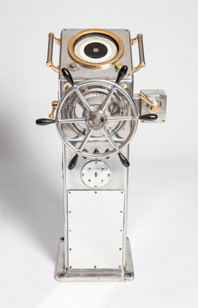 Steering wheel of a boat on a white background, close-upの写真素材