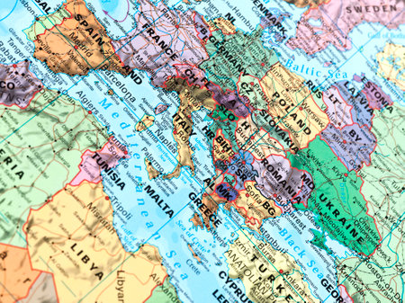 Map of europe as a colorful background, close-up viewの写真素材