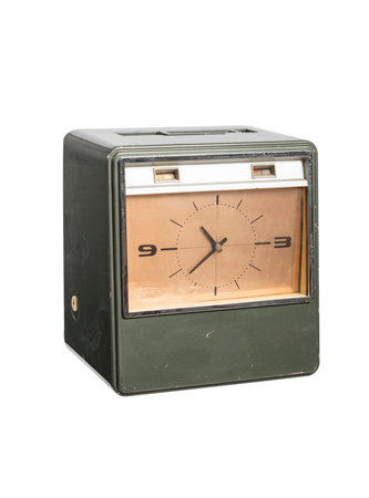 Vintage alarm clock isolated on white background, clipping path included.の写真素材