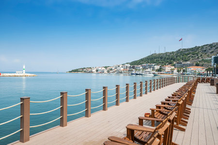 Wooden terrace in front of the sea, Chalkidiki, Greeceの写真素材