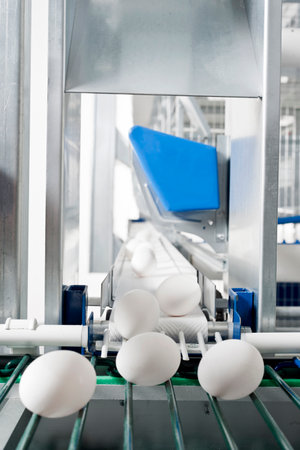 White eggs on conveyor belt in modern factory. Industrial background.の写真素材