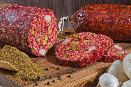 Slices of salami on a cutting board with spices.の写真素材