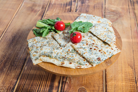 Traditional Turkish food, Turkish pancake gozleme with cheese and herb.の写真素材