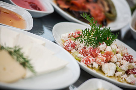 Traditional Turkish and Greek dinner appetizer table with variety of appetizersの写真素材